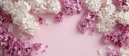 Poster - Delicate pink greeting card mockup surrounded by white and pink lilac flowers creating an elegant flat lay composition for invitations.