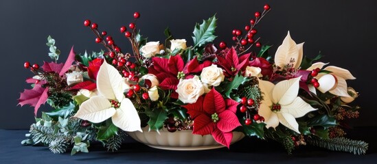 Aufkleber - festive Christmas table centerpiece with red and white flowers and seasonal decorations