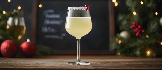 Aufkleber - Festive white wine glass with decorative chalkboard in cozy holiday setting adorned with ornaments and greenery