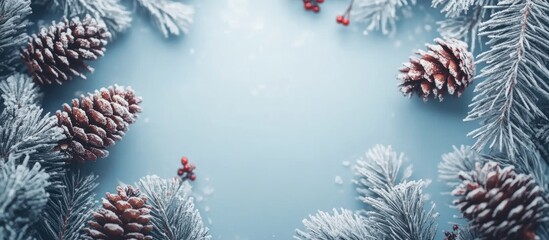 Poster - Festive New Year Background with Pine Cones and Frosted Fir Tree Branches for Holiday Celebrations and Seasonal Promotions