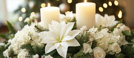 Aufkleber - Elegant holiday table centerpiece with white flowers and candles creating a festive atmosphere with soft bokeh lights in the background.