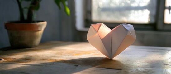 Poster - Paper origami heart on a wooden table illuminated by soft sunlight creating a warm and romantic atmosphere in a cozy interior setting