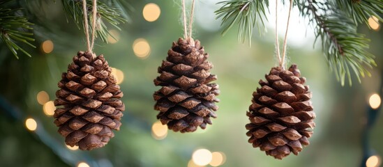 Aufkleber - Handmade pine cone tree ornaments created from natural materials with hemp twine on a festive background of tree branches and lights