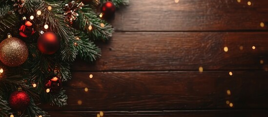 Aufkleber - Holiday Decoration with Evergreen and Ornaments on Rustic Wooden Background Celebrating Christmas and New Year Festivities