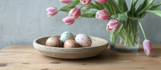 Aufkleber - Easter Celebration Stylish Tulip Arrangement with Natural Eggs in a Rustic Bowl on Wooden Table Vibrant Spring Decor Inspiration