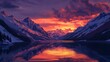 © aun - A quiet lake nestled in the mountains at sunset, with the sky painted in deep purples and oranges, and the lake reflecting the surrounding snow-capped mountains in perfect harmony