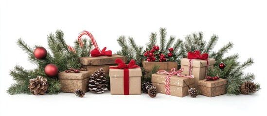 Poster - Handmade rustic gift boxes adorned with festive decorations and greenery on a white background ideal for New Year or holiday themes