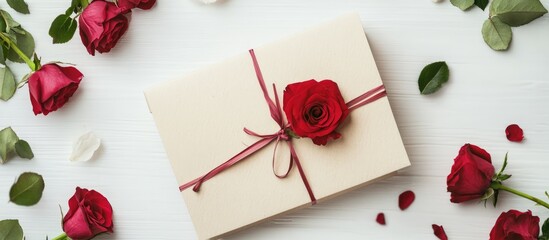 Aufkleber - Elegant flat lay of a greeting card wrapped with a red rose on a wooden table surrounded by fresh rose petals and greenery elements.