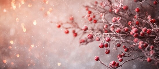 Aufkleber - Festive winter scene with frosted berries and pine branches illuminated by bokeh lights on a textured background perfect for holiday designs