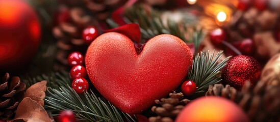 Aufkleber - Heart shaped ornament surrounded by pine cones and festive decorations in a holiday setting showcasing the spirit of Christmas.