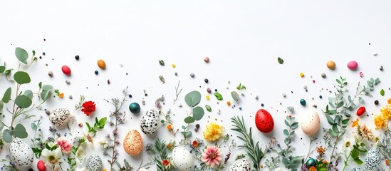 Aufkleber - Easter Decoration Floral Border with Eggs Eucalyptus and Leaves on White Background Top View with Space for Text
