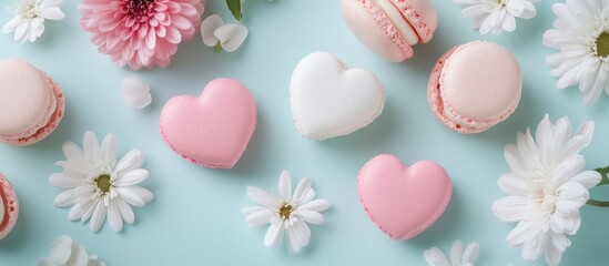 Poster - Heart shaped flowers and pink macaroons arranged attractively on a light blue background create a delightful romantic dessert concept.