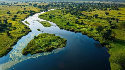 Wall Mural - capturing an aerial view of a river meandering through a lush, vibrant green landscape in africa, sh