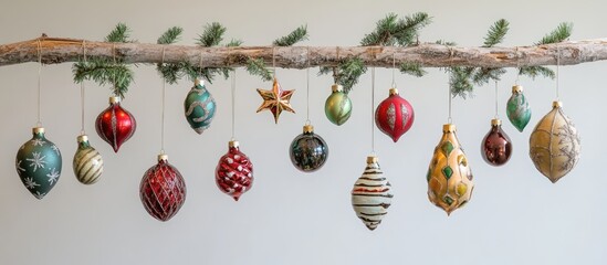 Aufkleber - Festive Christmas ornaments hanging on a rustic branch with pine greenery creating a vibrant holiday decoration scene.