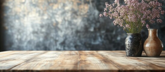 Aufkleber - Stylish home interior table setting with decorative vases and flowers against a textured background ideal for showcasing decor ideas