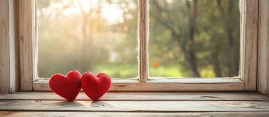 Poster - Shabby chic home interior with red heart decor on a wooden table and a window view of lush greenery in soft natural light.