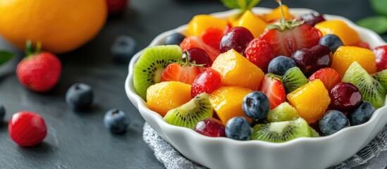 Wall Mural - Colorful fruit salad featuring oranges, strawberries, mangoes, blueberries, kiwi, and cherries served in a ceramic bowl on a dark surface.