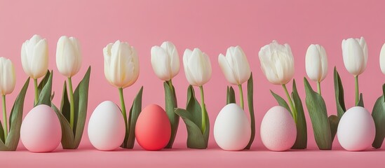Poster - Contemporary Easter scene featuring naturally dyed eggs and white tulips on a soft pink background celebrating spring festivities.