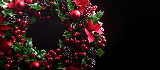 Poster - Elegant holiday wreath adorned with red ornaments and greenery on a black background showcasing detailed festive decorations.