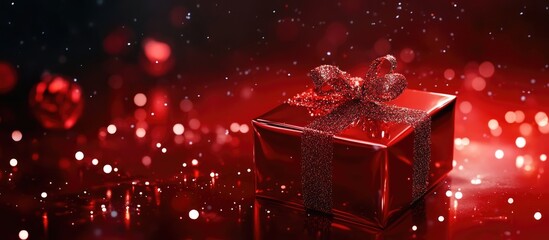 Poster - Elegant red Christmas gift box with ribbon surrounded by festive bokeh lights creating a magical holiday atmosphere.