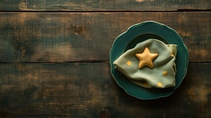 Poster - Handmade table setting with star-shaped cookie resting on a napkin on rustic wooden table background