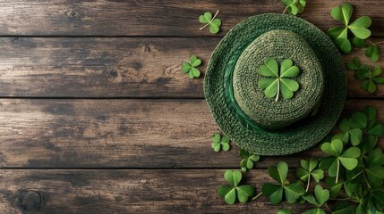 Aufkleber - Handcrafted green shamrock hat with ivy leaves on rustic wooden background top view for St. Patrick's Day and nature-themed designs