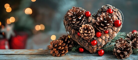 Aufkleber - Pine cone heart with festive decorations against a blurred background of holiday lights and wrapped gifts