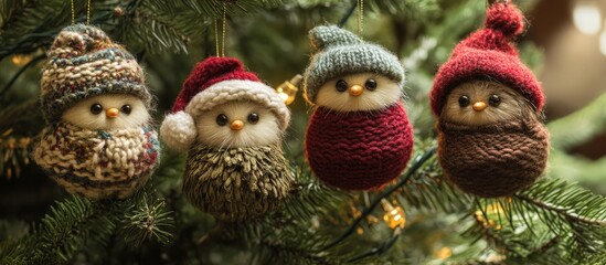 Poster - Knitted owl ornaments in festive hats adorning a Christmas tree with twinkling lights and cozy holiday spirit.