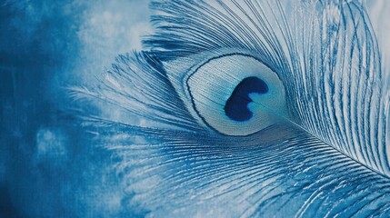 Leinwandbilder - Handcrafted Cyanotype of Peacock Feather on Textured Blue Background