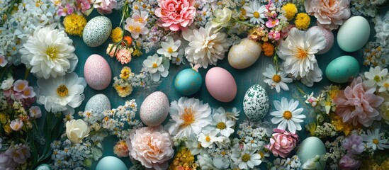 Poster - Easter celebration invitation card design with colorful eggs and spring flowers on a wooden backdrop featuring a blank space for personalized text