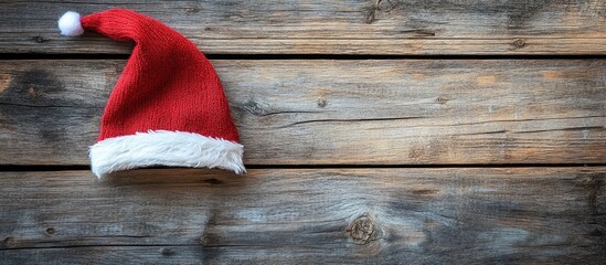 Poster - Rustic wooden boards with a festive elf stocking hat creating a warm and cheerful holiday atmosphere for seasonal designs and promotions.