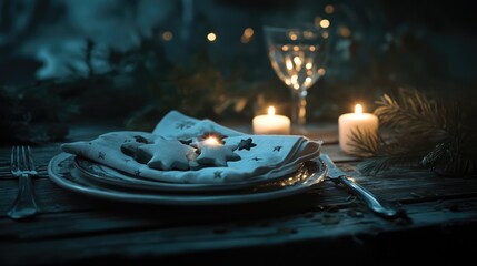 Poster - Cozy holiday table setting with handmade napkins stars and candles creating a warm ambiance on a wooden table Ð²ÐµÑ‡ÐµÑ€Ð½Ð¸Ð¹ ÑƒÐ¶Ð¸Ð½