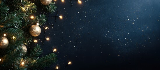 Poster - Festive holiday lights illuminating a dark backdrop with golden ornaments and ample copy space for your seasonal promotions