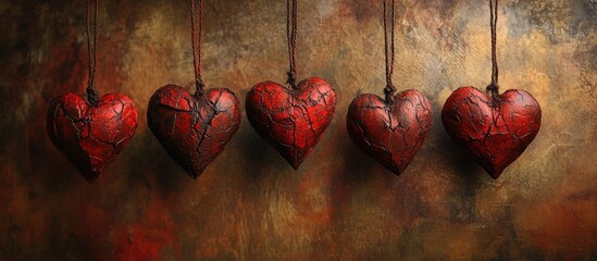 Aufkleber - Hanging decorative red hearts on rustic background for romantic themes and heartfelt concepts