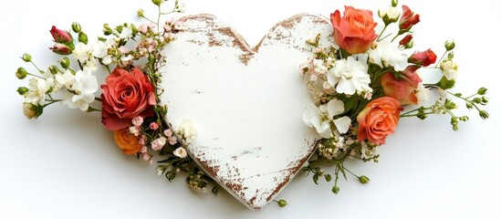Aufkleber - Rustic white heart surrounded by colorful flowers with a blank label sign for customization and decoration purposes