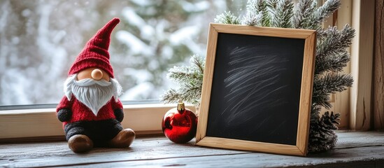 Aufkleber - Festive holiday scene with a gnome figurine chalkboard and evergreen branches on a winter windowsill creating a warm celebratory atmosphere