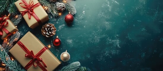 Poster - Winter holidays flat lay with gifts, pinecones, and ornaments on teal background, perfect for festive greeting card or invitation template.