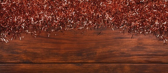 Aufkleber - Christmas and New Year festive tinsel background on wooden table with empty space for text Flat lay composition top view