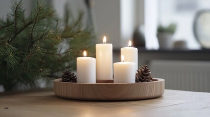 Aufkleber - Modern Advent wreath with four lit candles and pinecones in a wooden tray for festive seasonal decoration.