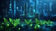© Seerat - Green industry concept factory leaves futuristic low polygonal style blue blending industrial technology nature to promote sustainability eco-conscious production innovation
