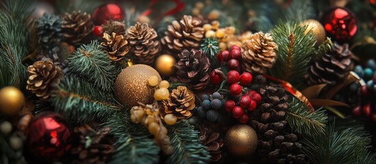 Poster - Festive holiday decor with pinecones ornaments and berries for a cozy seasonal atmosphere