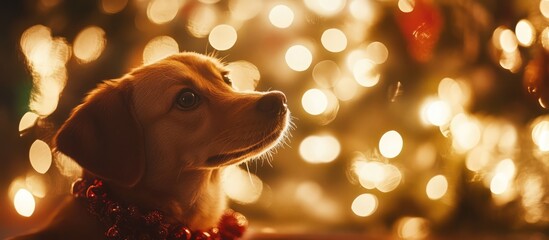 Aufkleber - Festive dog adorned with holiday decorations gazing at Christmas lights and decorations in warm, cozy setting with bokeh background.
