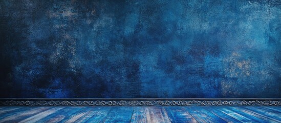Fototapete - Elegant dark blue textured backdrop with ornate borders on a worn wooden table, perfect for photography and creative displays.