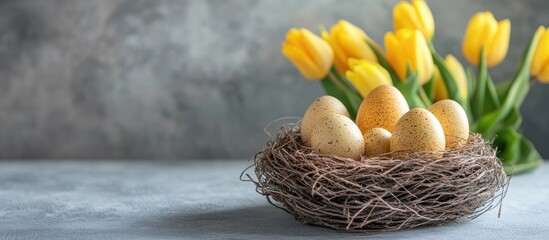 Fototapete - Easter Decorative Eggs Nest with Yellow Tulips Background Spring Greeting Card Concept Space for Custom Text