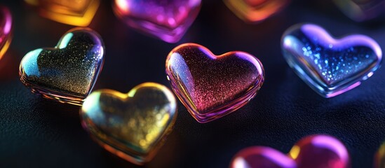 Poster - Colorful holographic candy hearts arranged on a dark textured background representing love and romance in an elegant and eye-catching design