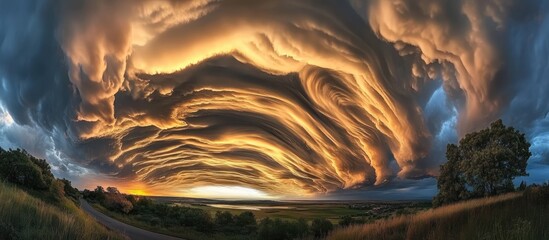 Aufkleber - dramatic high angle view of unique layered clouds against a vibrant sunset sky creating a breathtaki