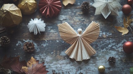 Aufkleber - Handmade paper angel with festive ornaments on weathered wooden table in soft natural light creating a warm nostalgic atmosphere