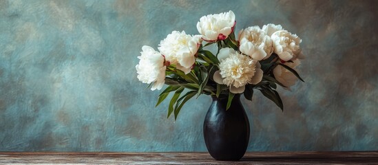 Aufkleber - Springtime bouquet featuring white peonies in a black vase with handwritten message against a rustic background for a cozy still life ambiance