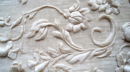 Aufkleber - Textured handmade linen fabric featuring intricate floral embroidery in natural tones.