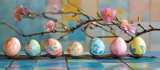 Fototapete - Easter eggs arranged on vibrant tiles with blossoms creating a festive spring atmosphere ideal for seasonal celebrations and decorations